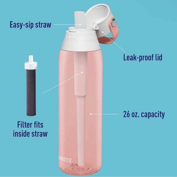 Brita Premium Filtering Water Bottle with Straw 5 Filters Total Blush Pink 26 oz - Picture 3 of 14